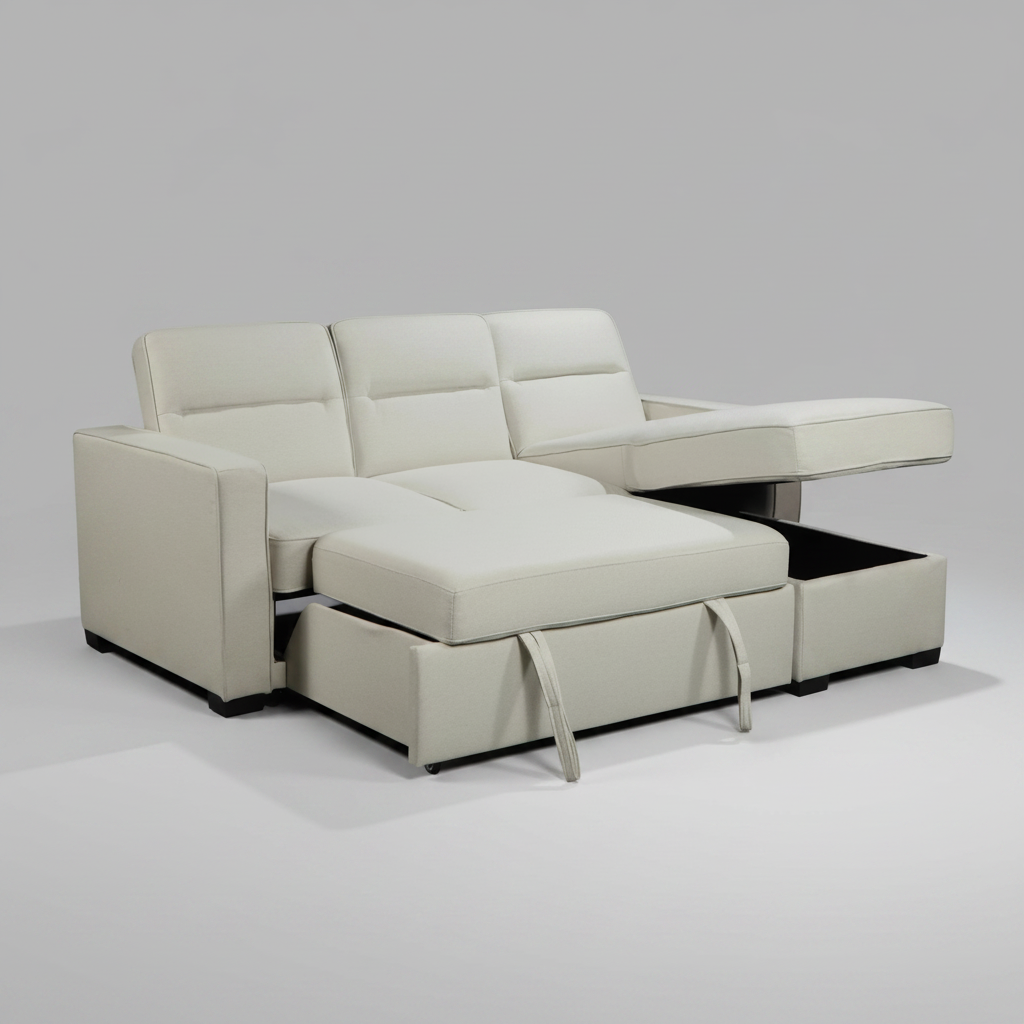 Sofá seccional Waza color crema con chaise longue reversible y cama plegable 