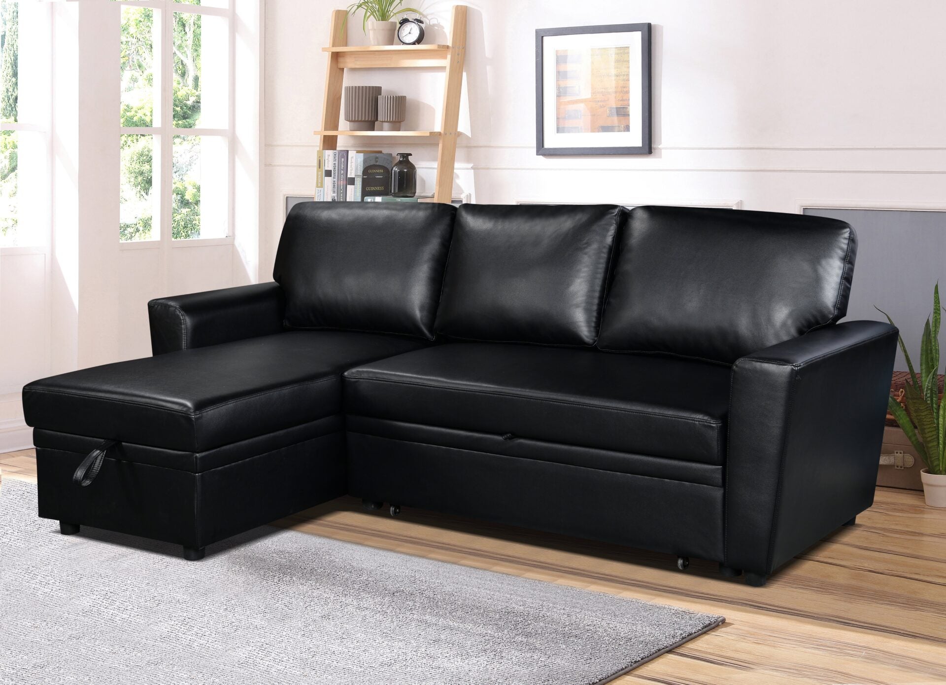 Jazz Sectional Sofa Bed With Storage - Black Vegan Leather image 0