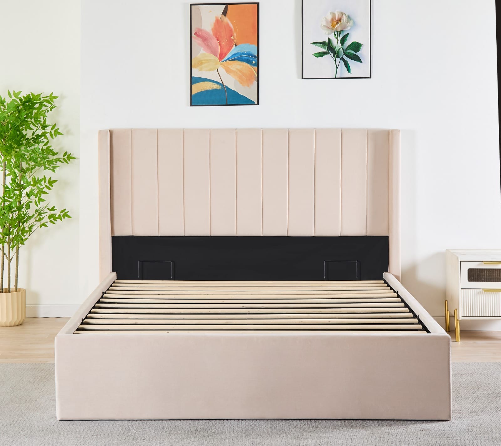 Pluto Hydraulic Storage Bed – Velvet Upholstered with Headboard- Beige image 3