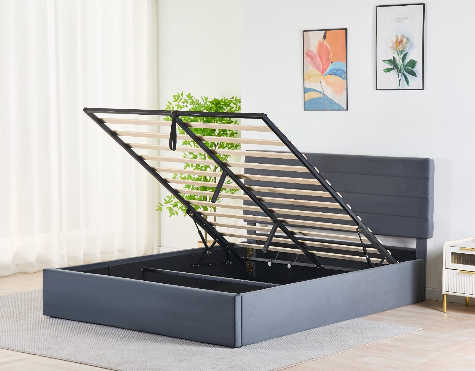 Rocco Upholstered Hydraulic Storage Bed with Headboard – Modern Platform Bed Frame with Lift-Up Storage- Dark grey image 2