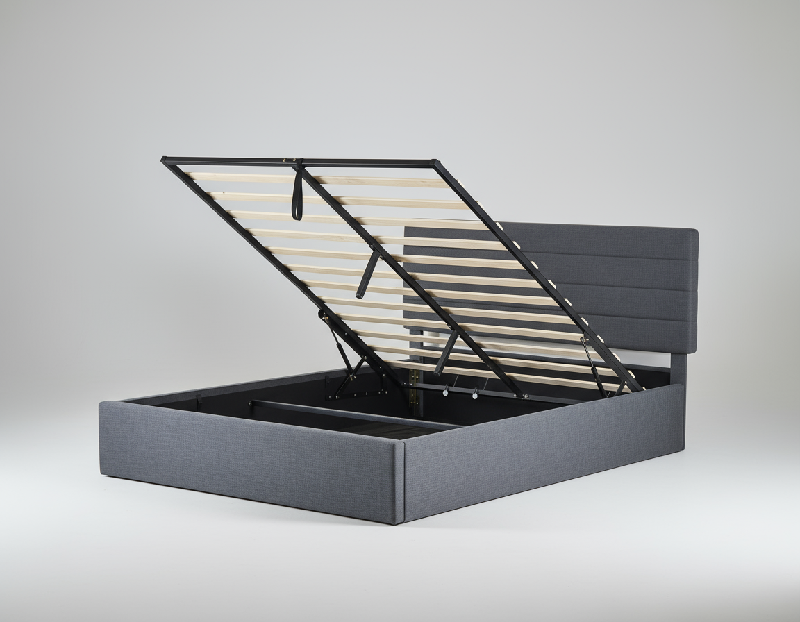 Rocco Hydraulic Storage Bed with Headboard – Modern Platform Bed Frame with Lift-Up Storage- Dark grey Linen