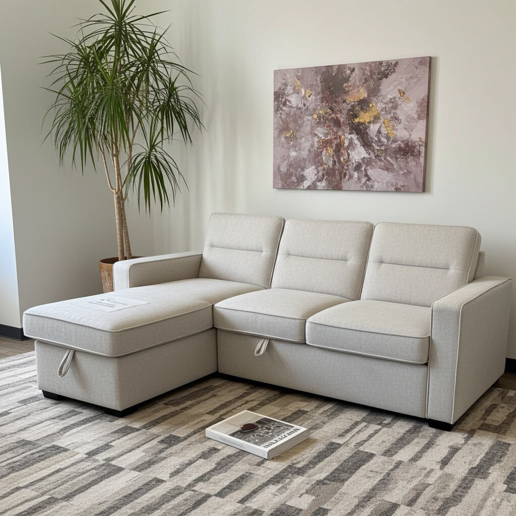 Waza Cream Sectional Sofa with Reversible Chaise and Pullout Bed image 0