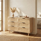 FRANK Modern Boho 6-Drawer Dresser with Natural Rattan Inlay & Slim Black Hardware