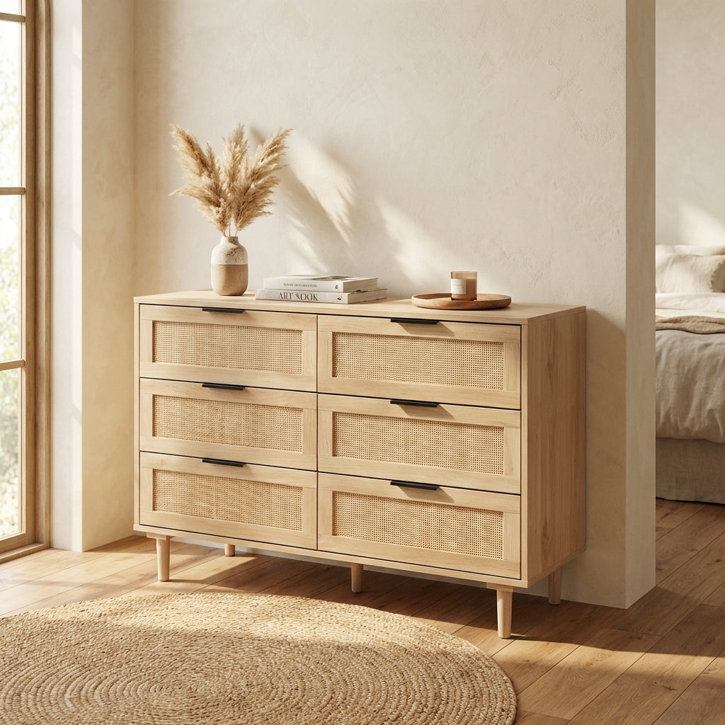 FRANK Modern Boho 6-Drawer Dresser with Natural Rattan Inlay & Slim Black Hardware
