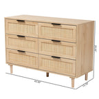 FRANK Modern Boho 6-Drawer Dresser with Natural Rattan Inlay & Slim Black Hardware
