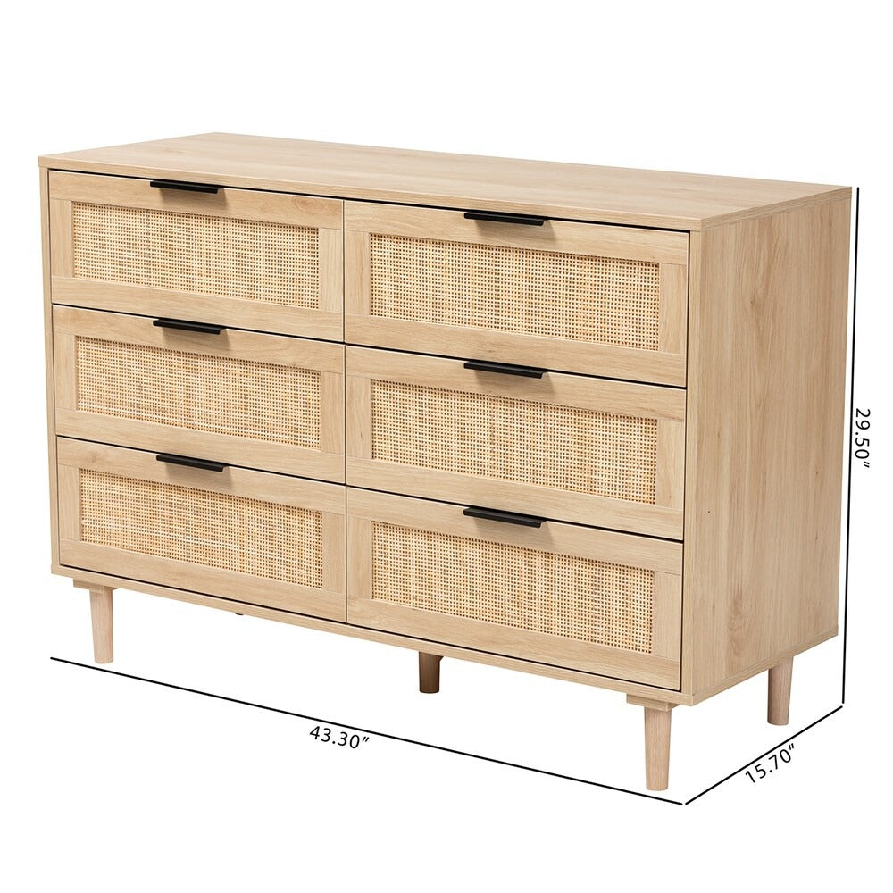 FRANK Modern Boho 6-Drawer Dresser with Natural Rattan Inlay & Slim Black Hardware