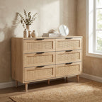 FRANK Modern Boho 6-Drawer Dresser with Natural Rattan Inlay & Slim Black Hardware