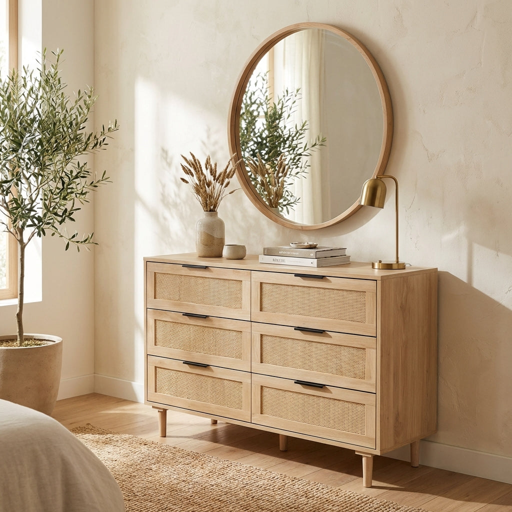 FRANK Modern Boho 6-Drawer Dresser with Natural Rattan Inlay & Slim Black Hardware