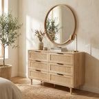 FRANK Modern Boho 6-Drawer Dresser with Natural Rattan Inlay & Slim Black Hardware