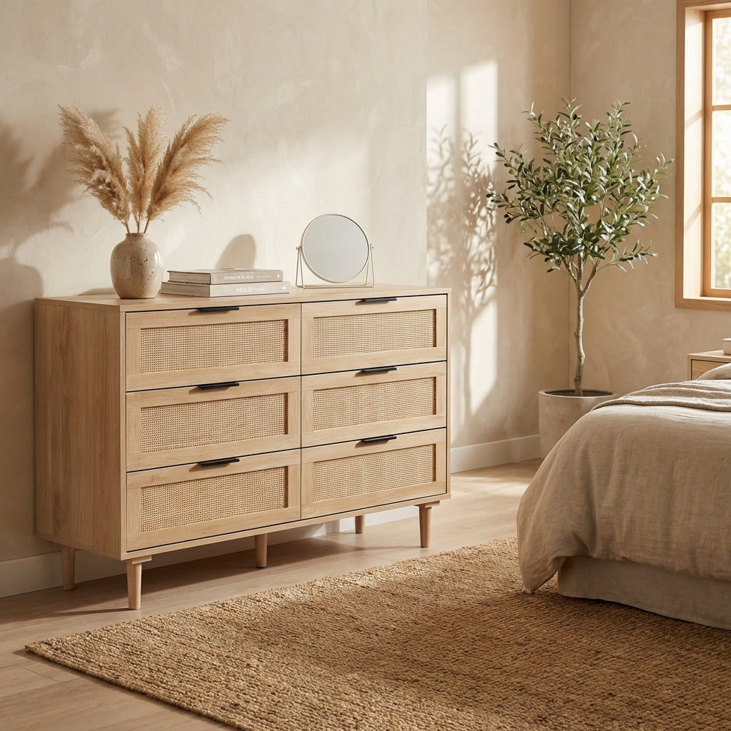 FRANK Modern Boho 6-Drawer Dresser with Natural Rattan Inlay & Slim Black Hardware