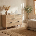 FRANK Modern Boho 6-Drawer Dresser with Natural Rattan Inlay & Slim Black Hardware