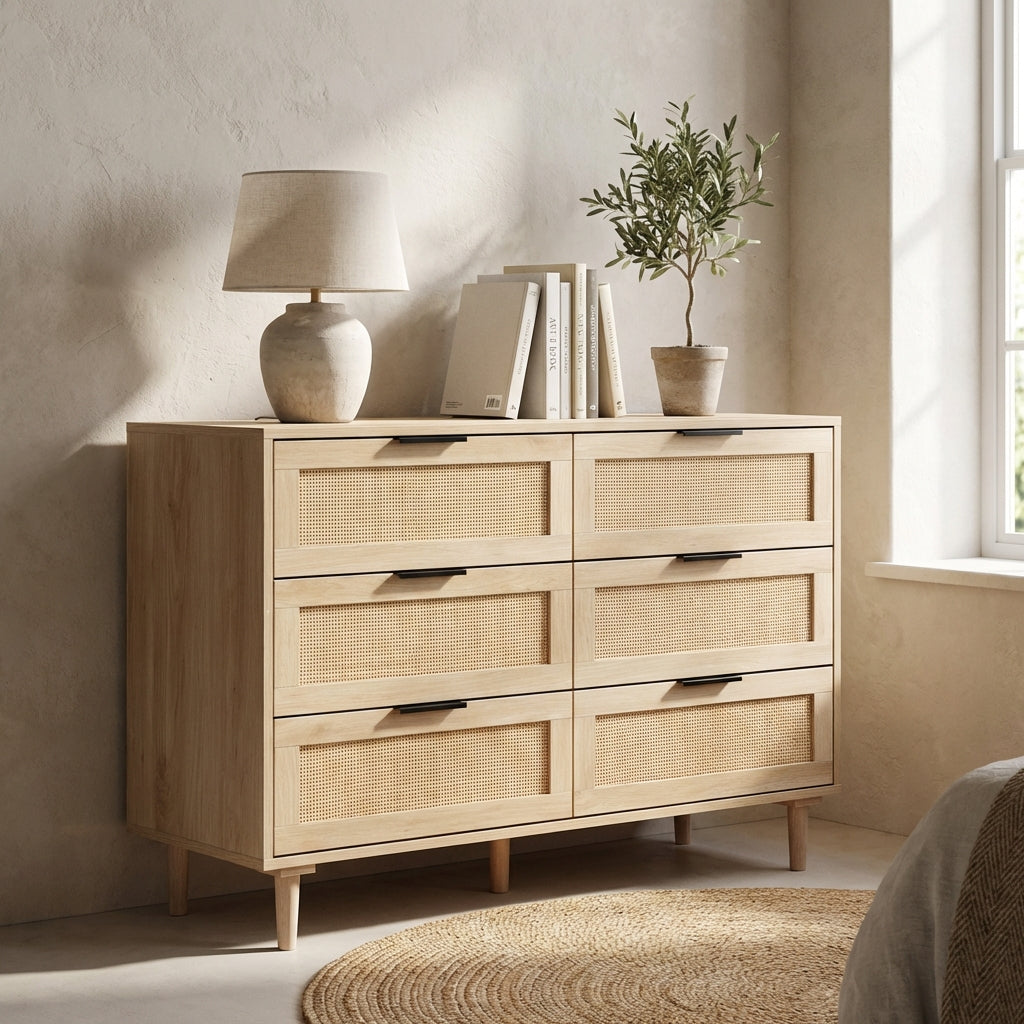 FRANK Modern Boho 6-Drawer Dresser with Natural Rattan Inlay & Slim Black Hardware