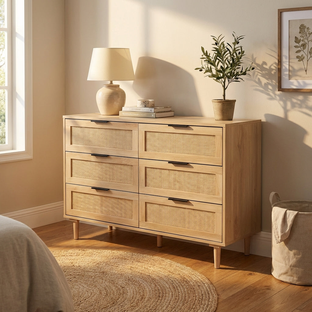 FRANK Modern Boho 6-Drawer Dresser with Natural Rattan Inlay & Slim Black Hardware