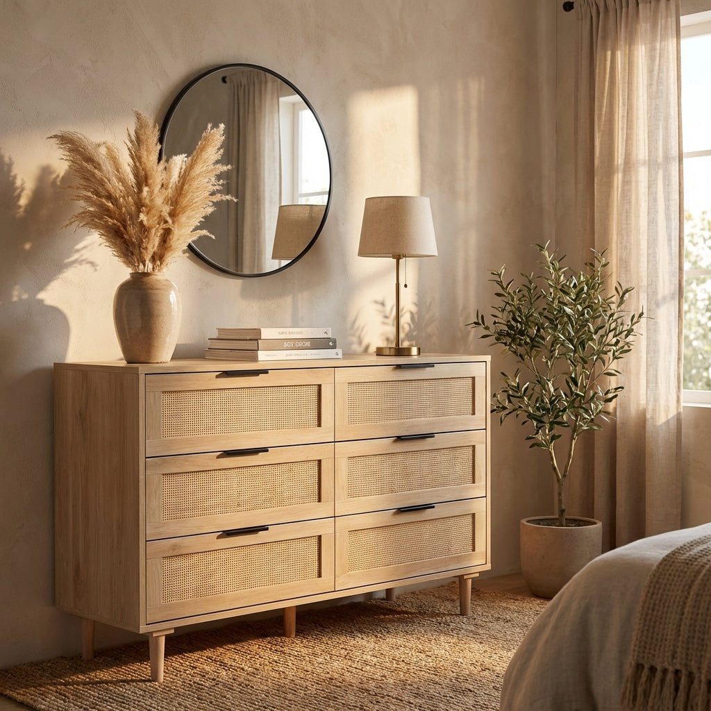 FRANK Modern Boho 6-Drawer Dresser with Natural Rattan Inlay & Slim Black Hardware