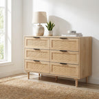 FRANK Modern Boho 6-Drawer Dresser with Natural Rattan Inlay & Slim Black Hardware