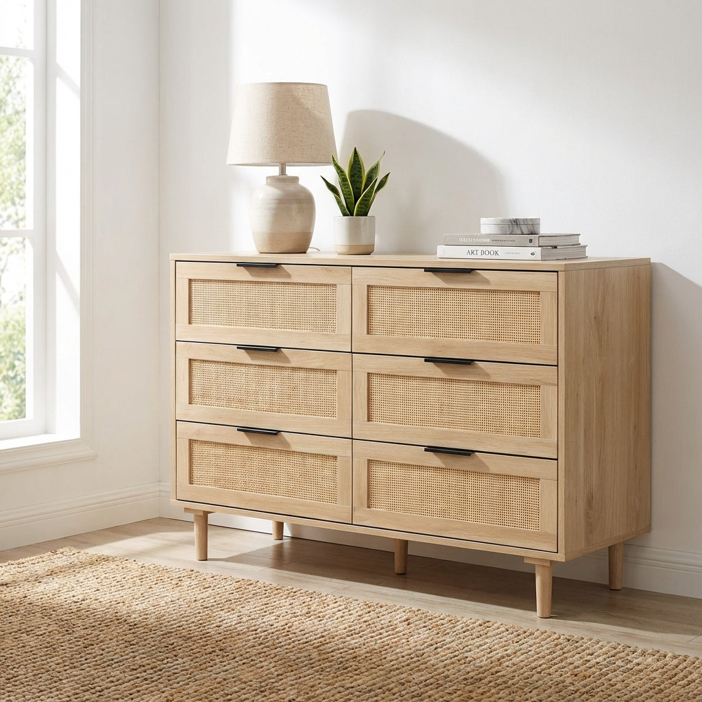 FRANK Modern Boho 6-Drawer Dresser with Natural Rattan Inlay & Slim Black Hardware