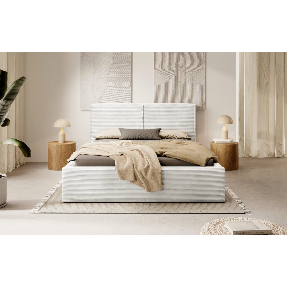 Havannah - Cama con almacenamiento y elevación hidráulica tapizada en terciopelo beige