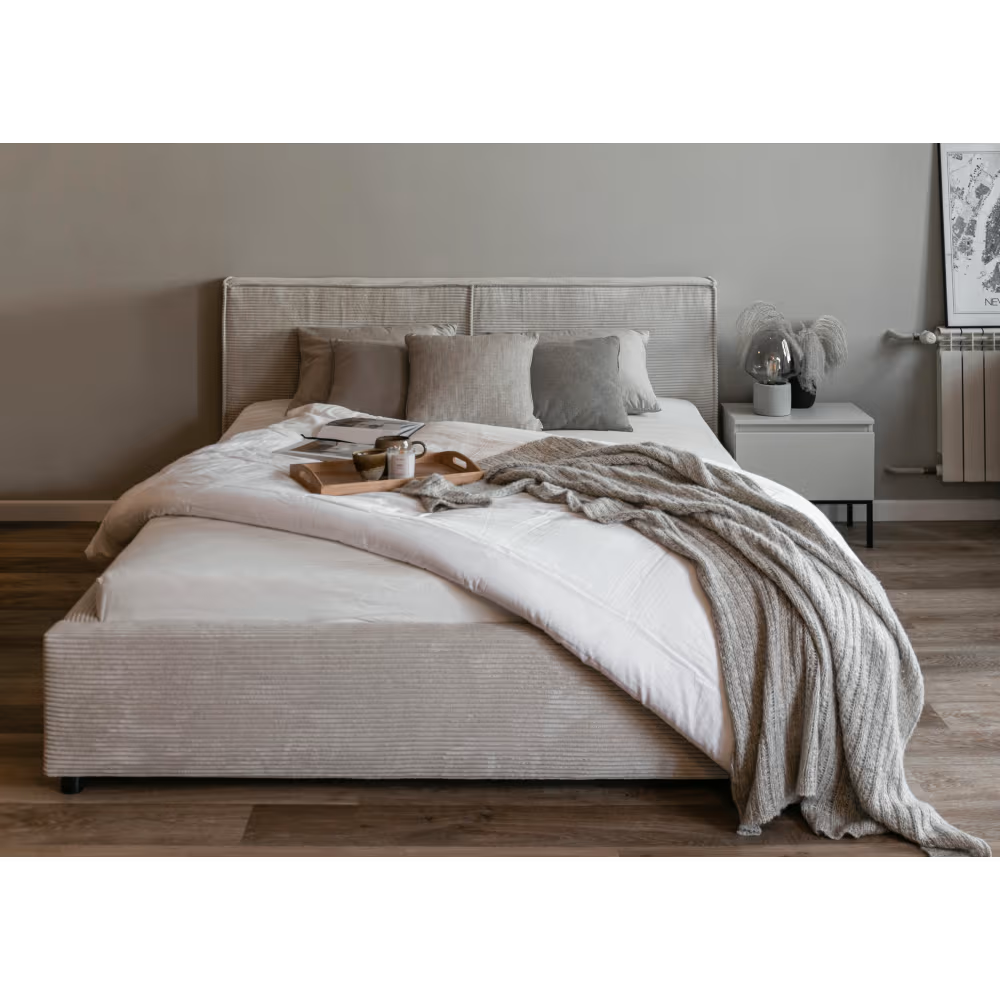 Havannah - Cama con almacenamiento y elevación hidráulica, tapizada en lino gris