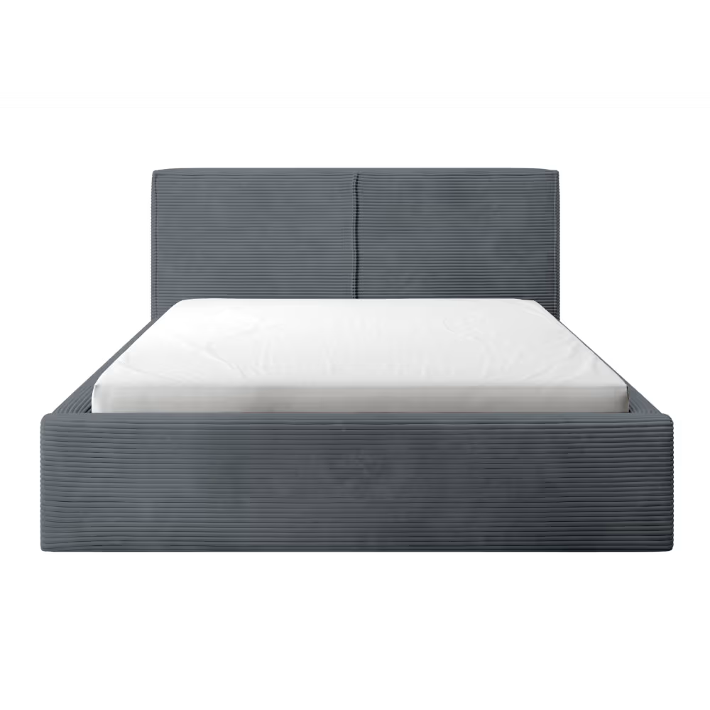 A modern platform bed with a dark gray ribbed upholstered frame and a white mattress, shown against a plain white background.