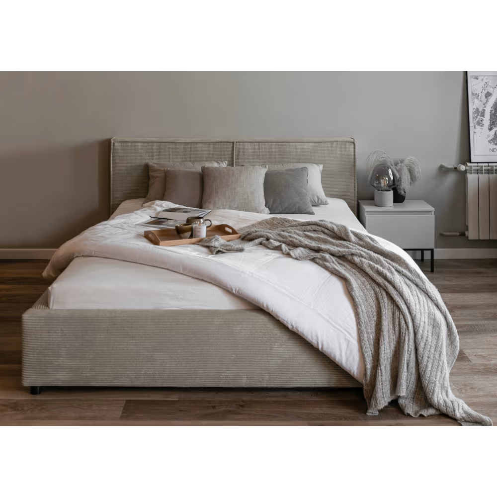 Havannah - Cama con almacenamiento y elevación hidráulica, tapizada en lino gris