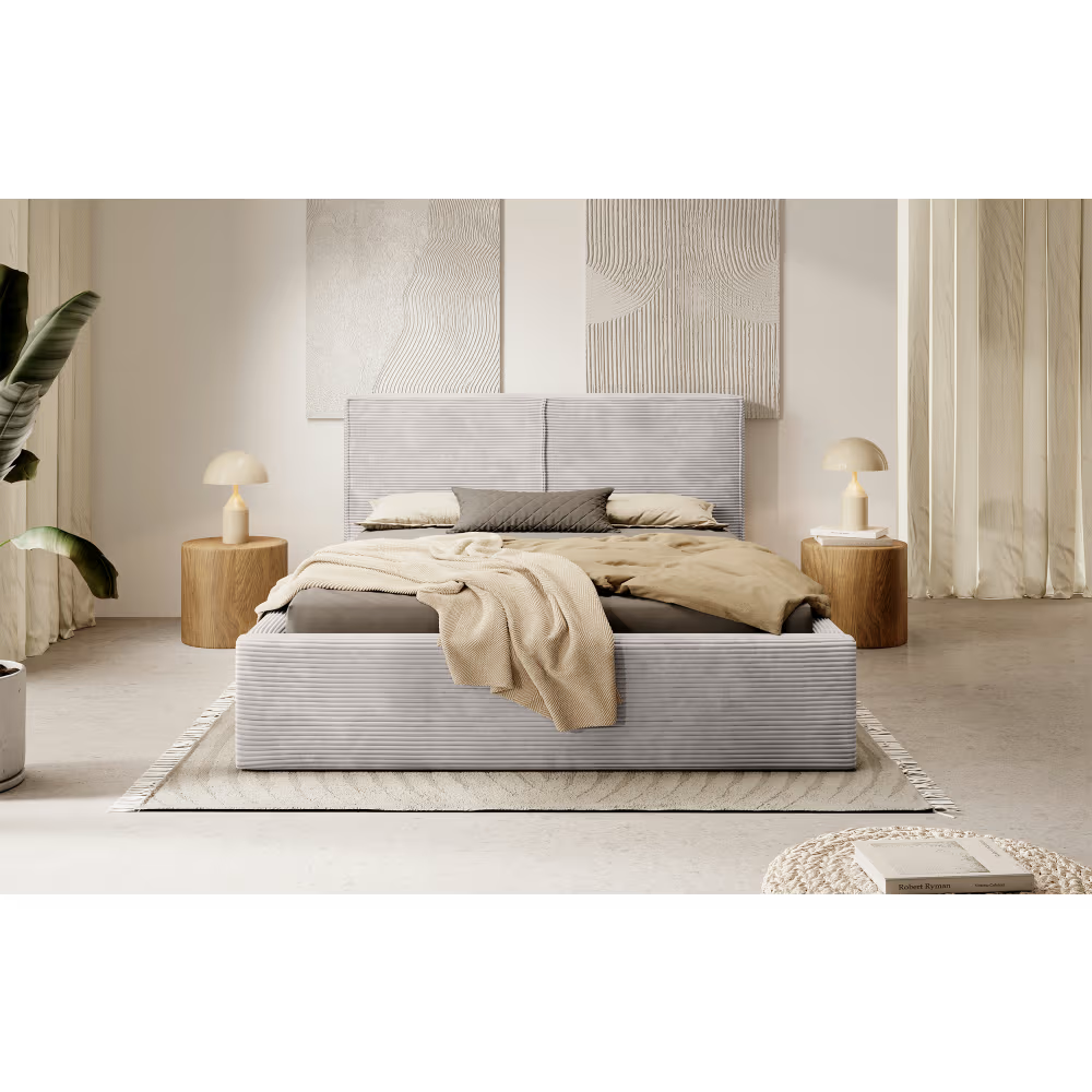 Havannah - Cama con almacenamiento y elevación hidráulica, tapizada en lino gris