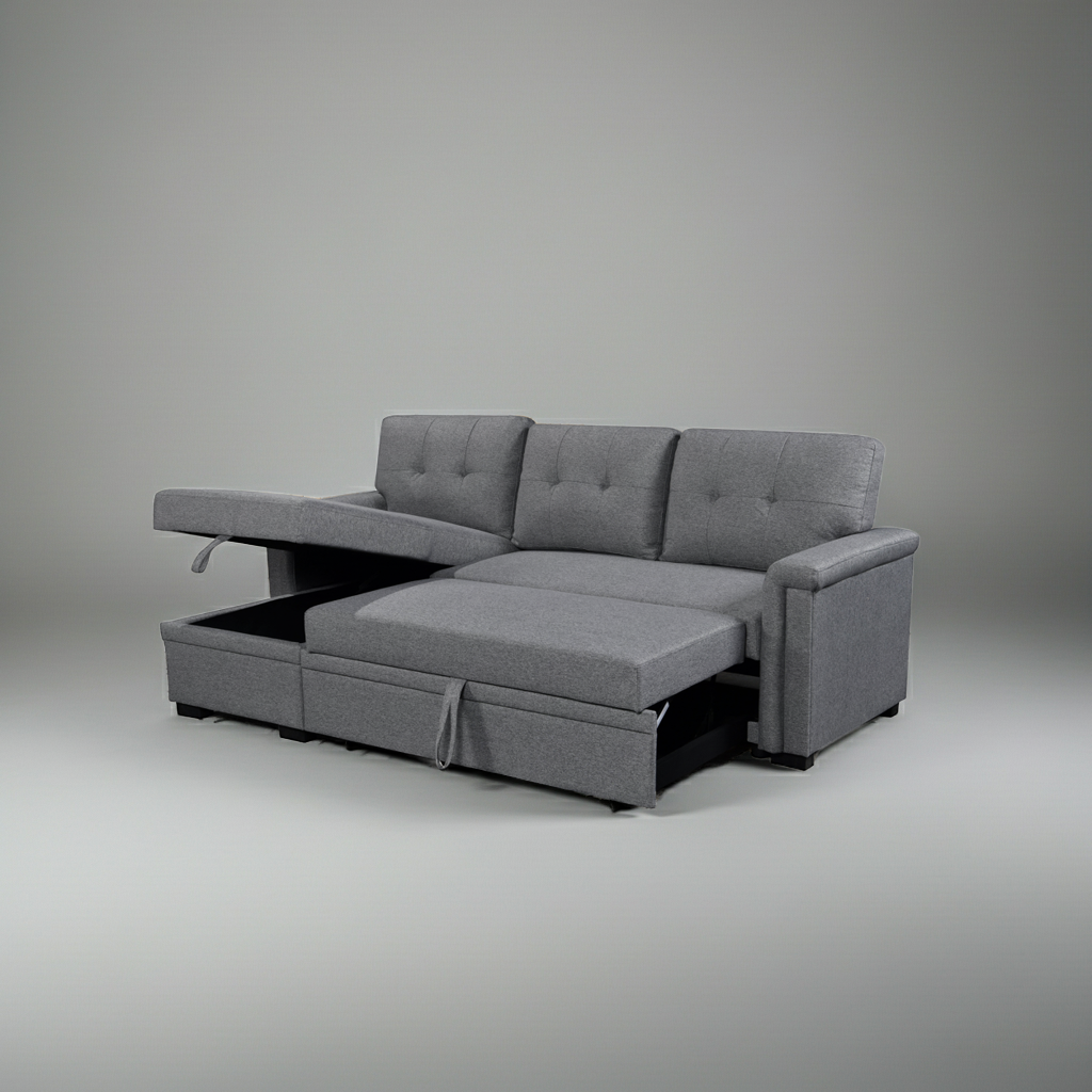 Gray sectional sofa with storage compartments on a gray background