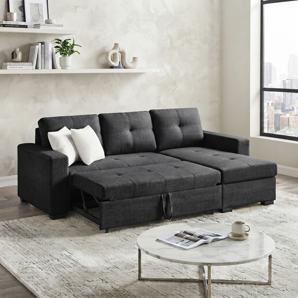A dark gray upholstered sectional sofa with a chaise lounge and tufted back cushions, styled in a modern living room with white accent pillows, a marble coffee table, and a textured rug.