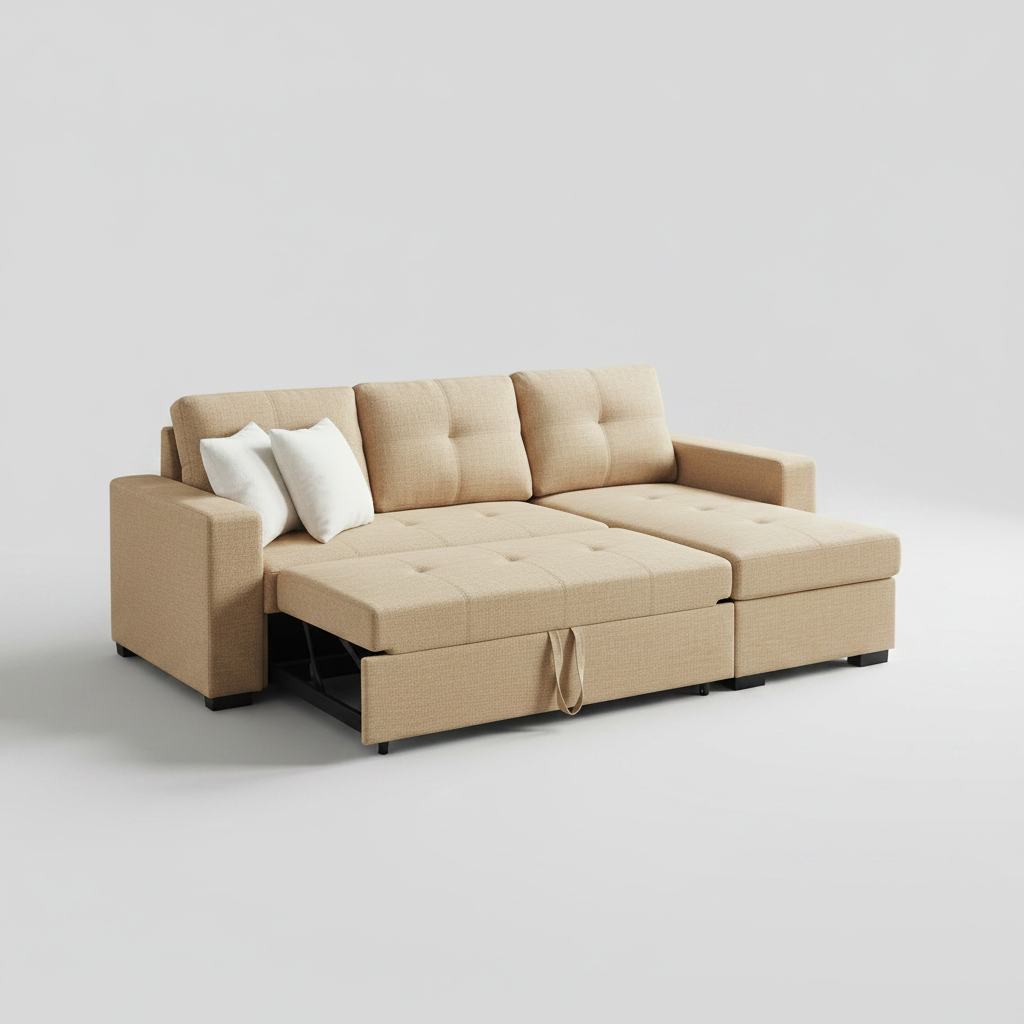 A beige upholstered sectional sofa with a chaise lounge and tufted back cushions, shown in a bright modern living room with a city view window, white shelves, and a light rug.