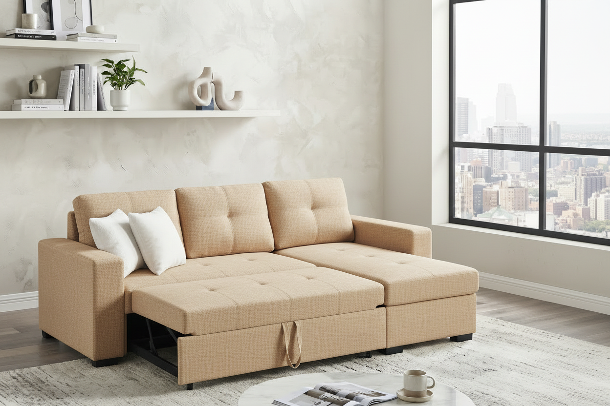 Jordan Sectional Sofa Bed with Storage - Oatmeal Linen Blend