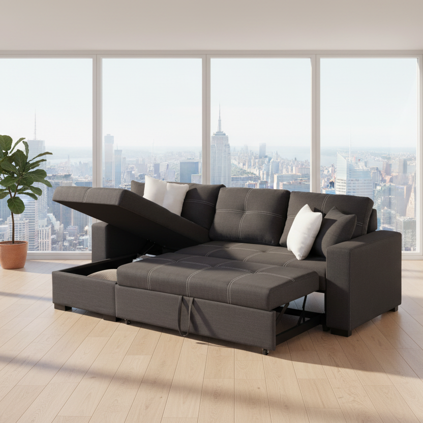 A dark gray modular sectional sofa with a chaise lounge and raised backrest, shown in a bright modern room with large windows overlooking a city skyline. A potted plant stands near the window.