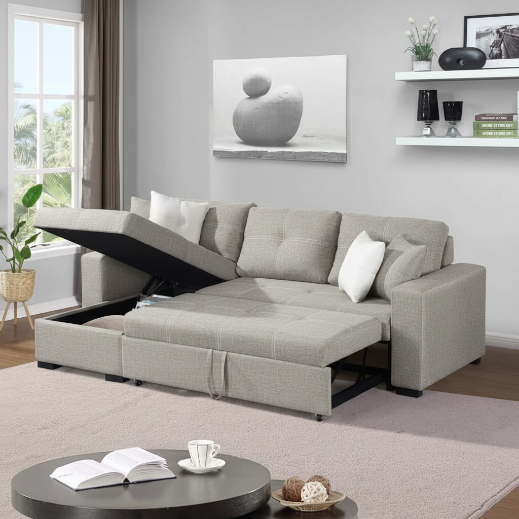 A light gray upholstered sectional sofa with a chaise lounge and open lift-up seat section, shown in a bright living room with wall shelves, a framed abstract print, a window, and a round coffee table in the foreground.