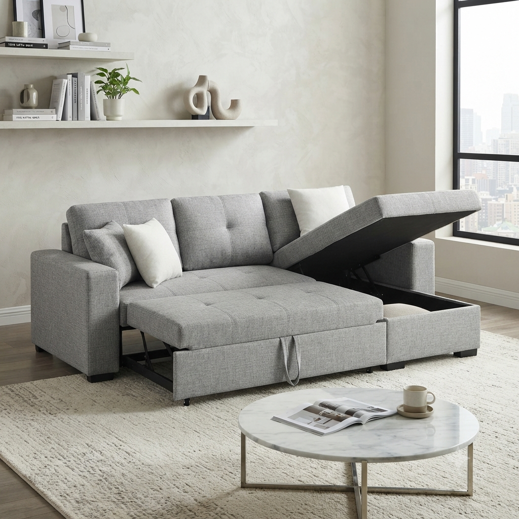 Jordan Sectional Sofa Bed with Storage - Linen Mist Grey