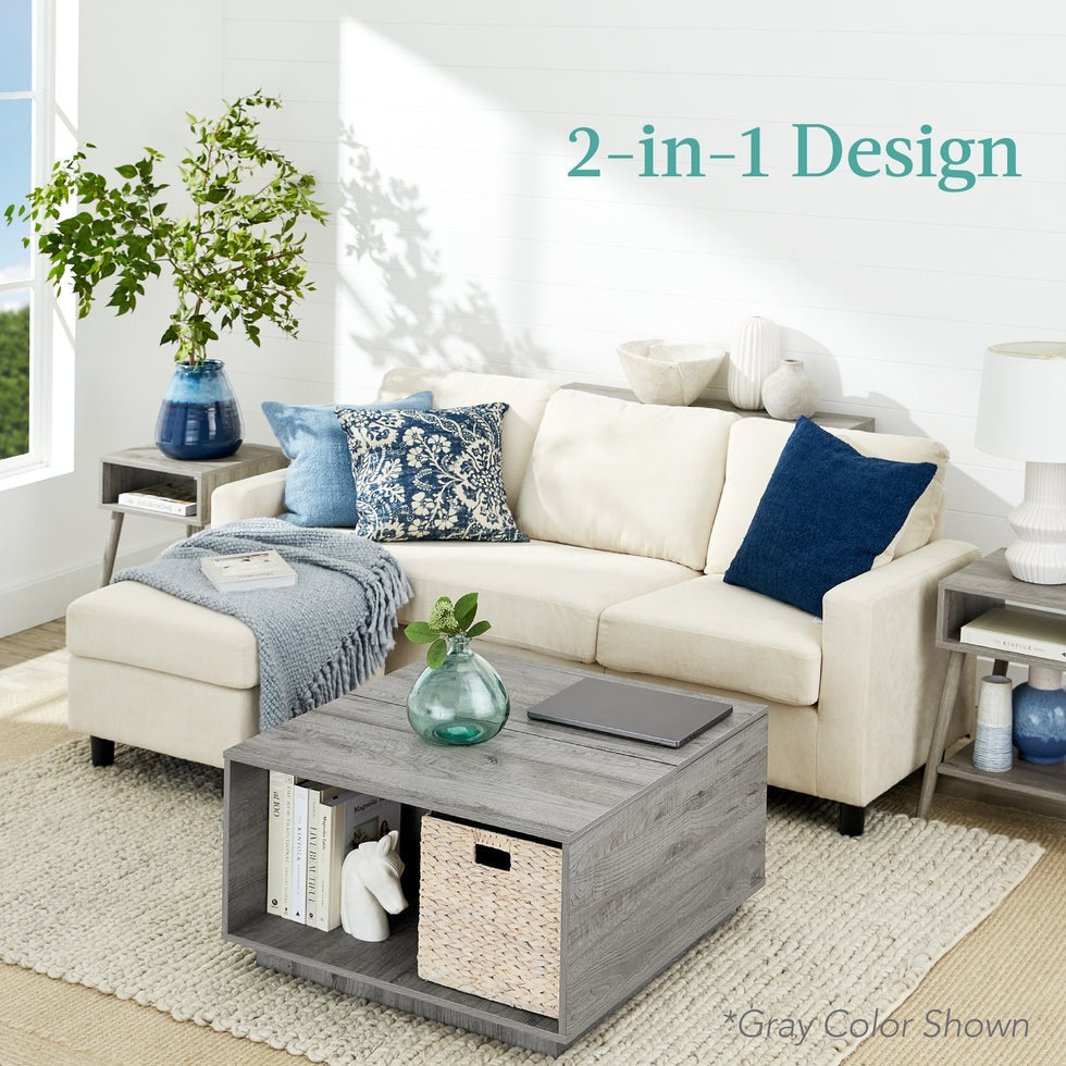 LEO Modern Square Lift-Top Coffee Table with Hidden Storage – Grey Oak Finish