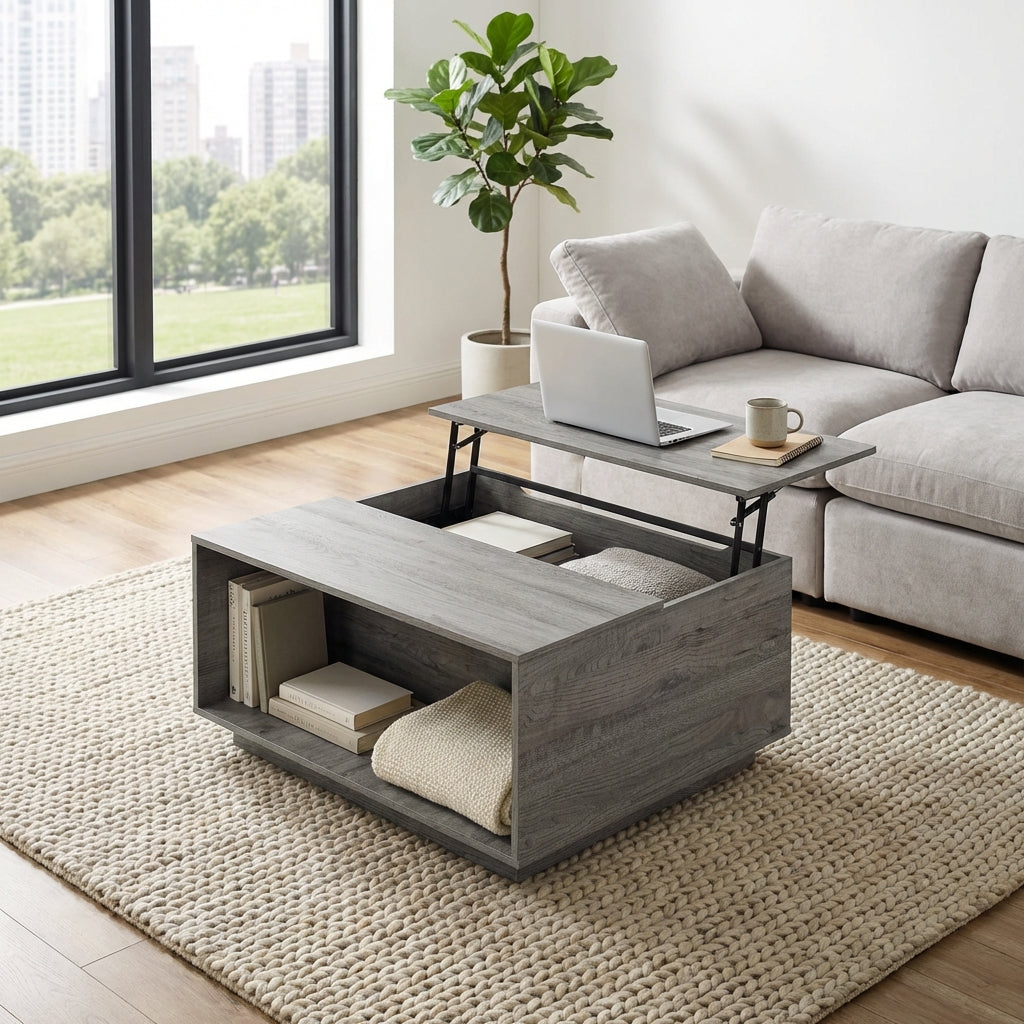 LEO Modern Square Lift-Top Coffee Table with Hidden Storage – Grey Oak Finish