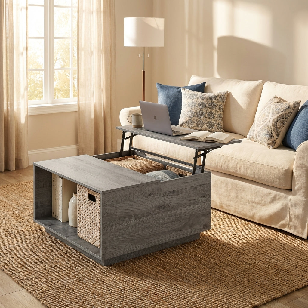 LEO Modern Square Lift-Top Coffee Table with Hidden Storage – Grey Oak Finish