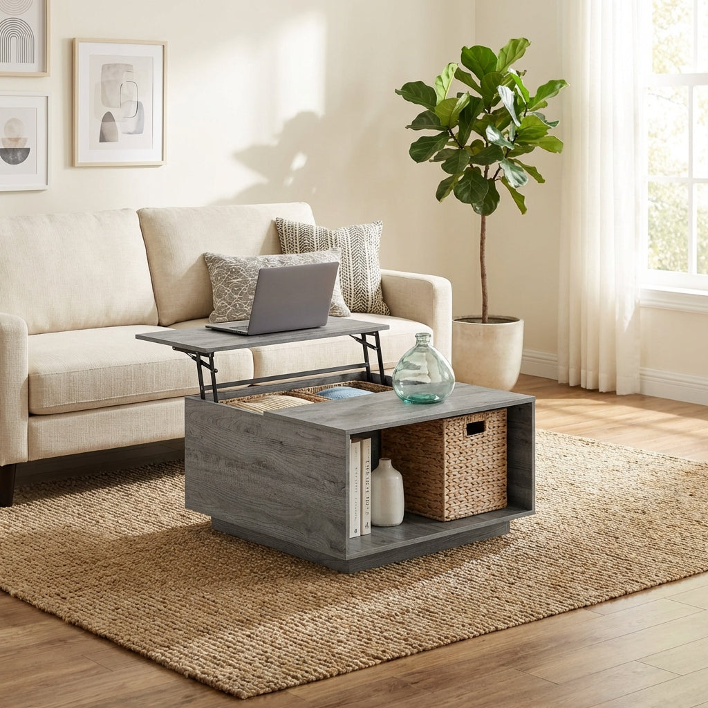 LEO Modern Square Lift-Top Coffee Table with Hidden Storage – Grey Oak Finish