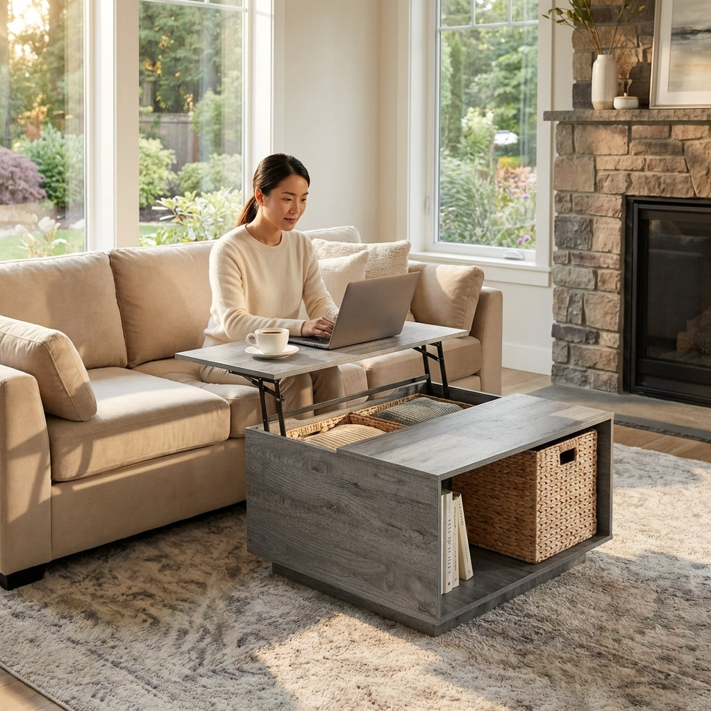 LEO Modern Square Lift-Top Coffee Table with Hidden Storage – Grey Oak Finish