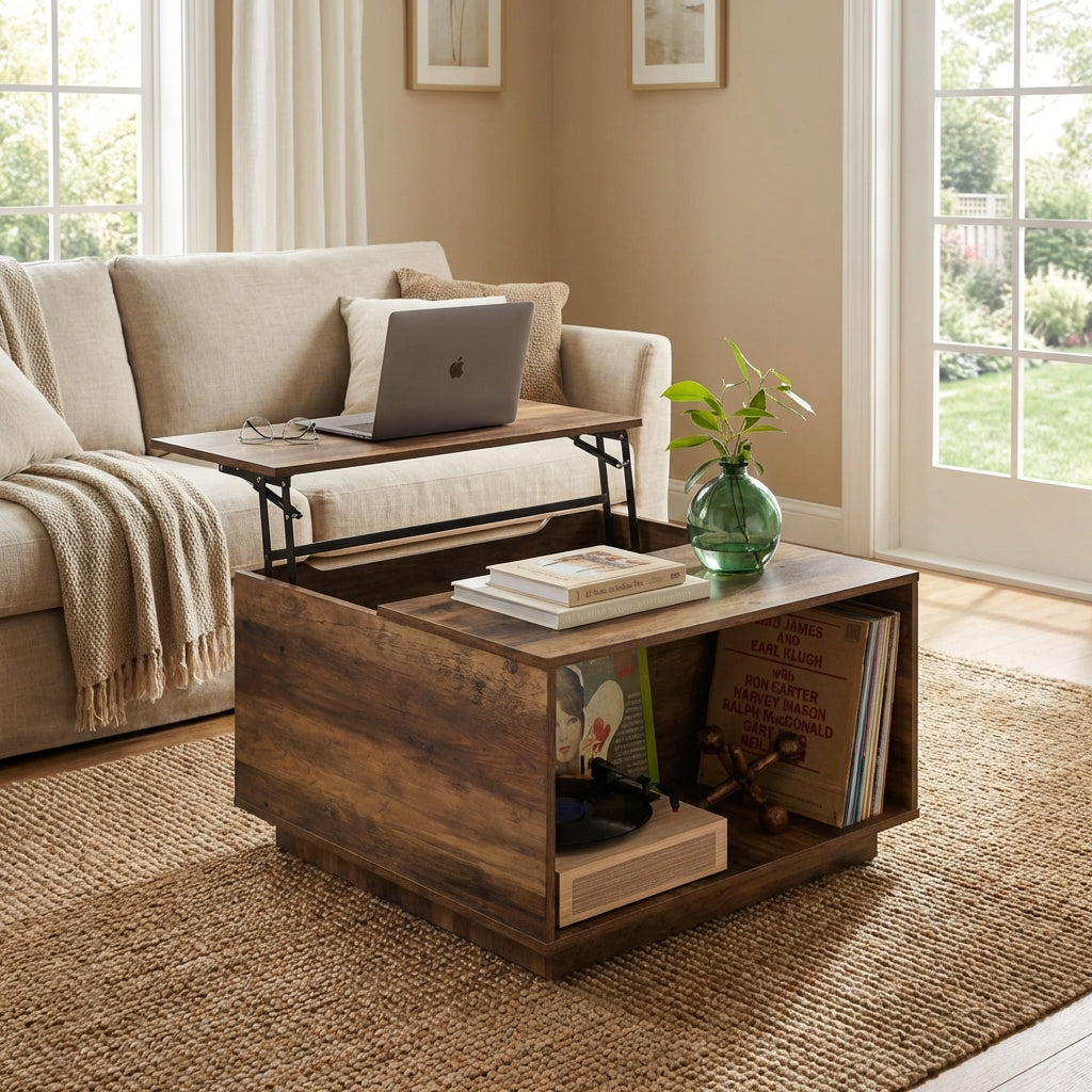 LEO Modern Square Lift-Top Coffee Table with Hidden Storage – Rustic Toasted Oak
