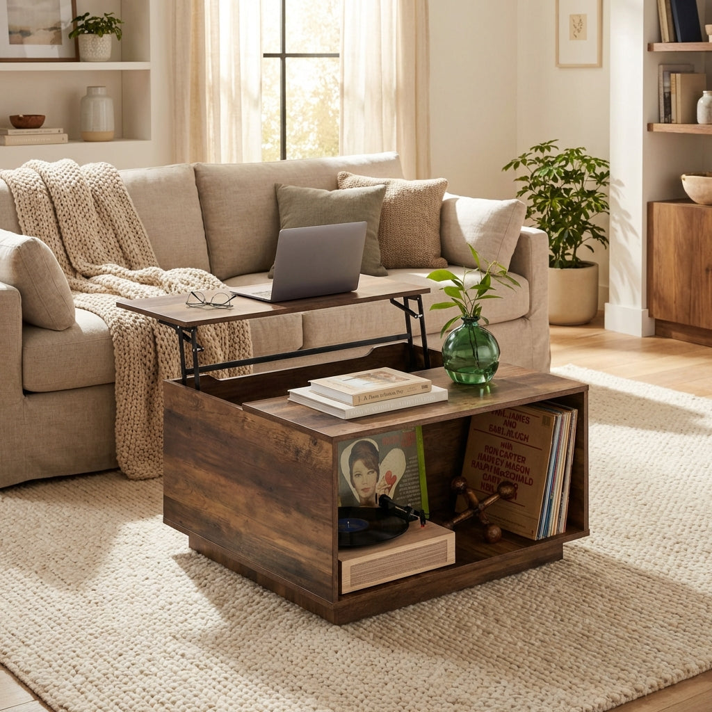 LEO Modern Square Lift-Top Coffee Table with Hidden Storage – Rustic Toasted Oak