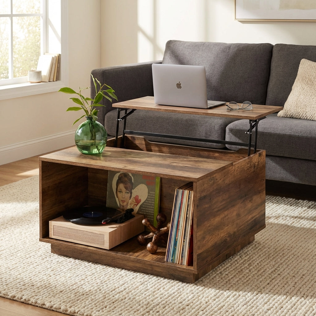 LEO Modern Square Lift-Top Coffee Table with Hidden Storage – Rustic Toasted Oak