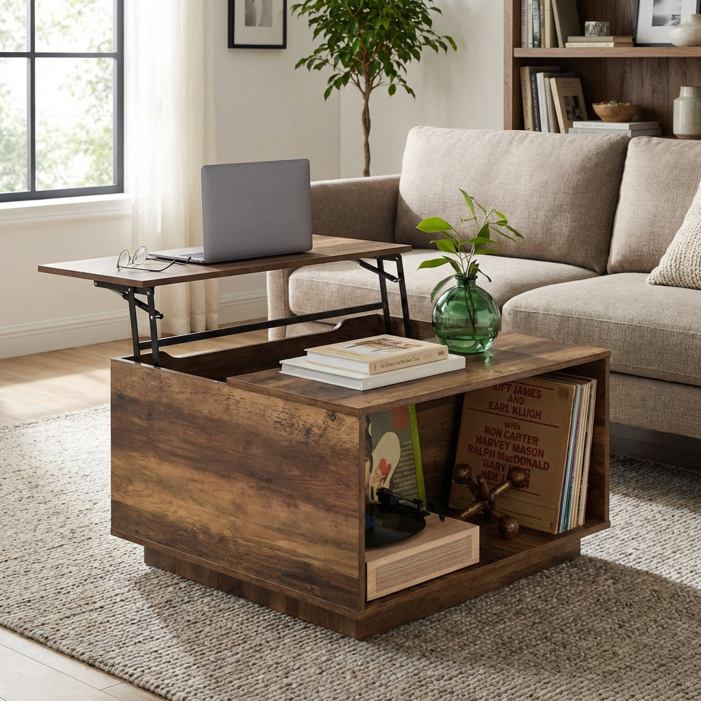 LEO Modern Square Lift-Top Coffee Table with Hidden Storage – Rustic Toasted Oak