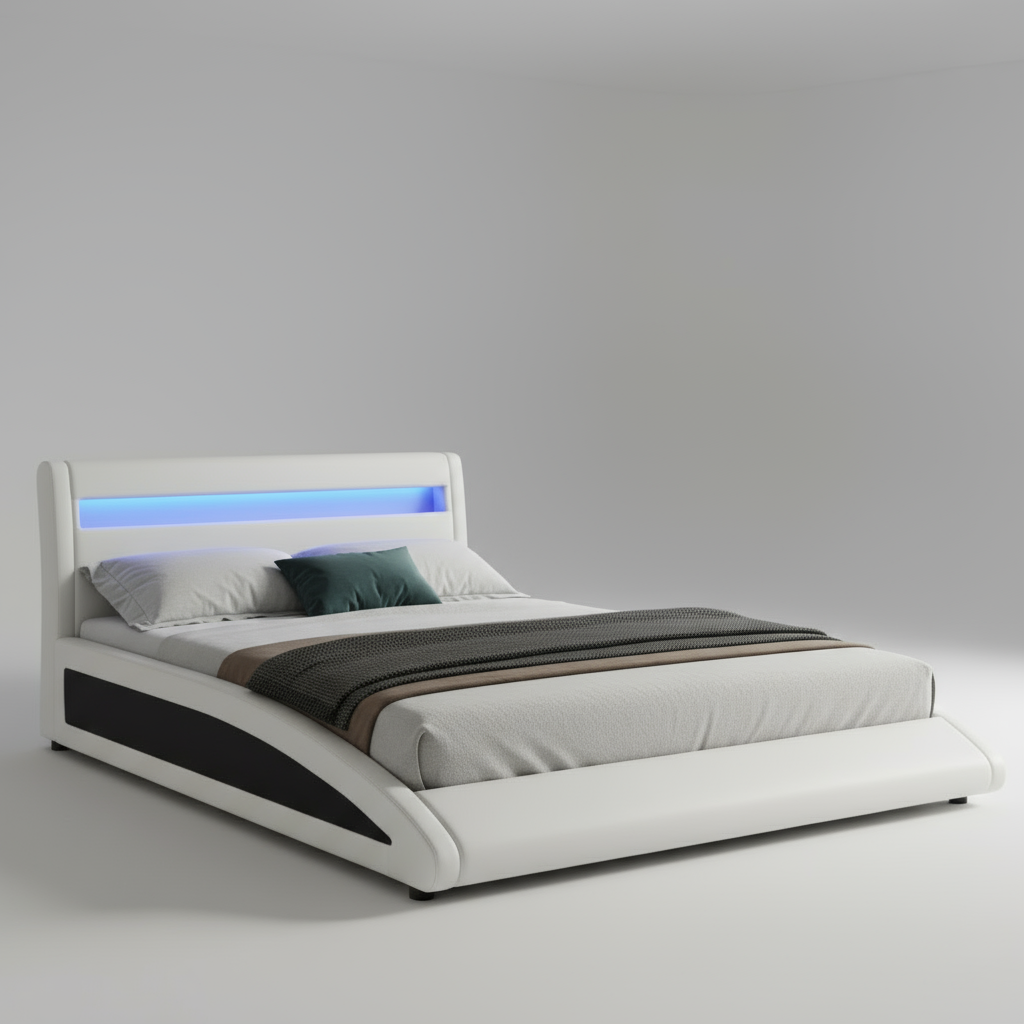 Modern bedroom with a white bed and LED lighting