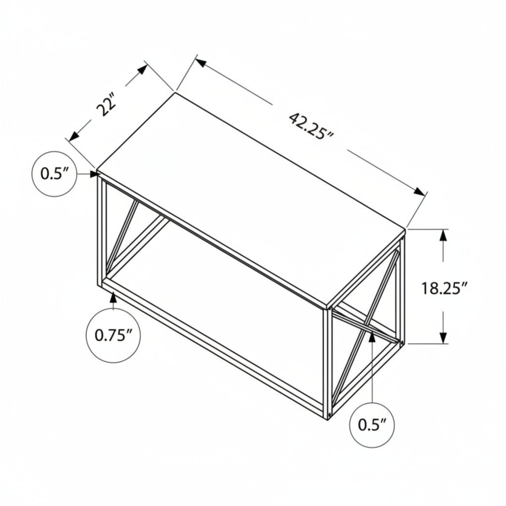 Dimensions of a metal frame table on a white background