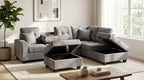 Gray sectional sofa with storage ottomans in a living room setting.