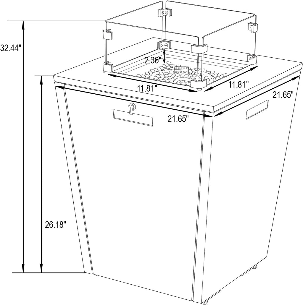 Mesa de fuego compacta con protección de cristal contra el viento