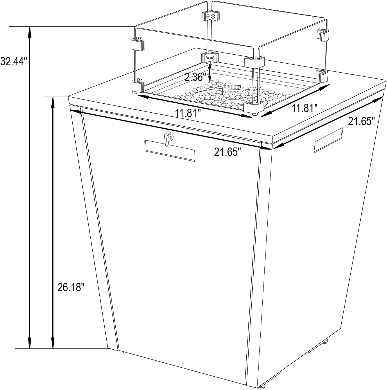 Mesa de fuego compacta con protección de cristal contra el viento