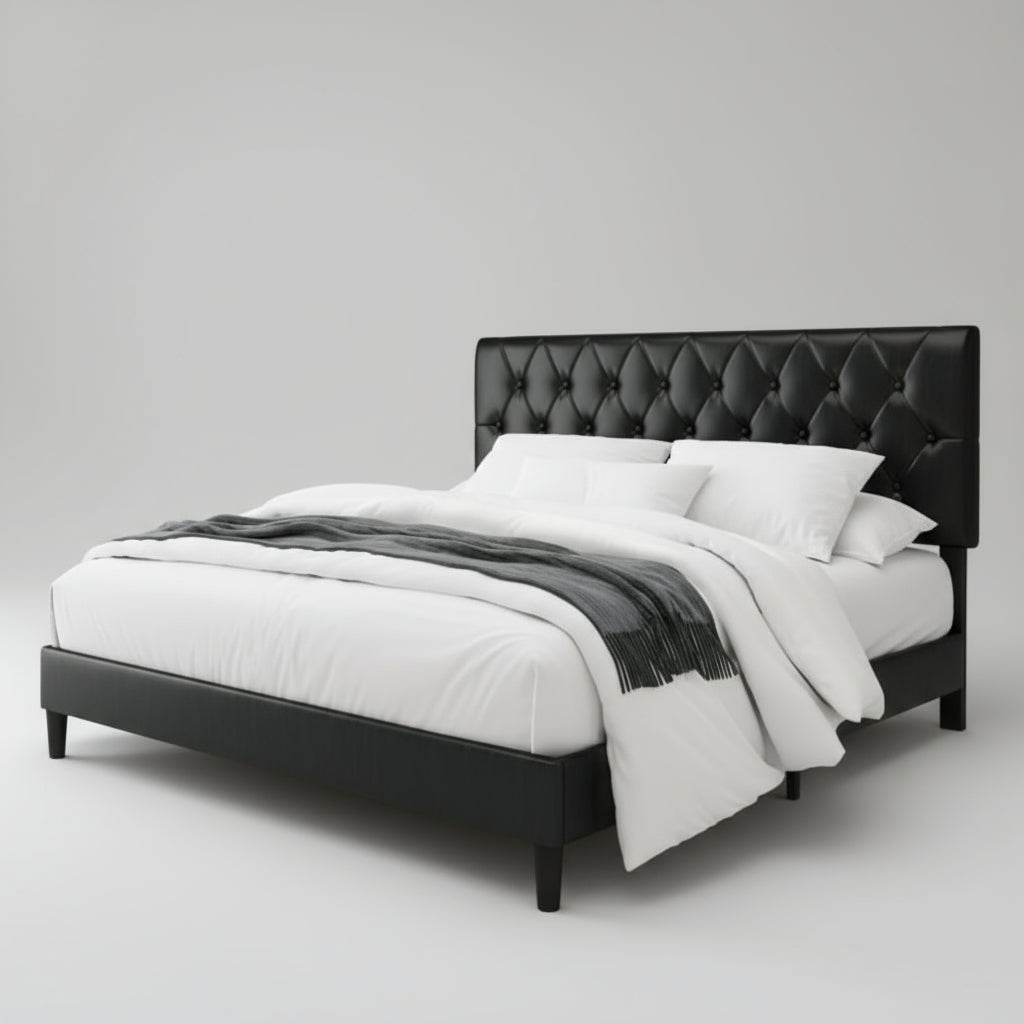 Black tufted bed with white bedding in a modern bedroom setting.