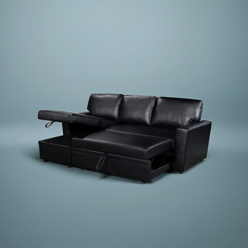 Jazz Sectional Sofa Bed With Storage - Black Vegan Leather