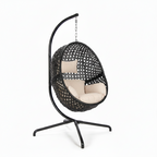 Classic Rattan Hanging Egg Chair with Stand – Black Rattan & Beige Cushion