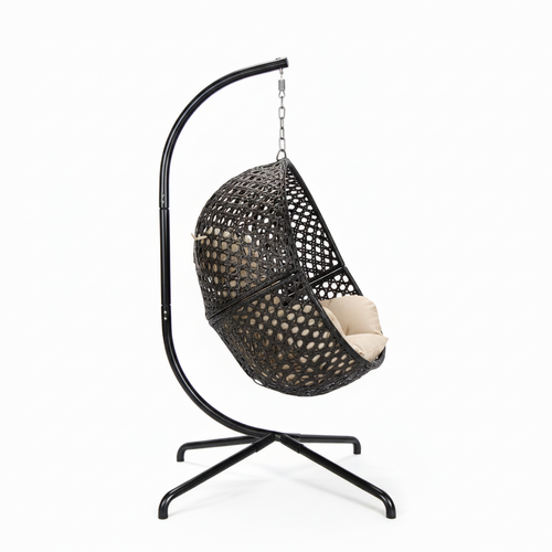 Classic Rattan Hanging Egg Chair with Stand – Black Rattan & Beige Cushion